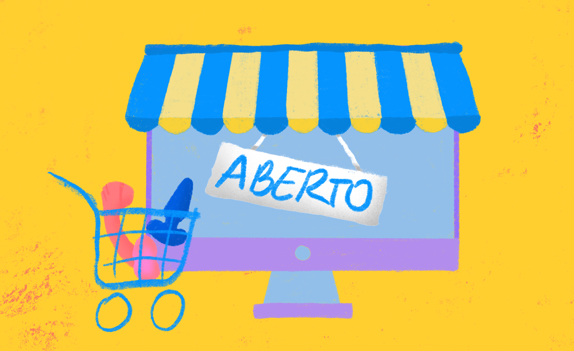 Ilustração. Como abrir uma sex shop. Desenho de uma loja com vitrine de vidro escrito ABERTO. A loja é em tons de azul e lilás, o fundo é amarelo. Na frente da loja há um carrinho de supermercado com dois vibradores dentro